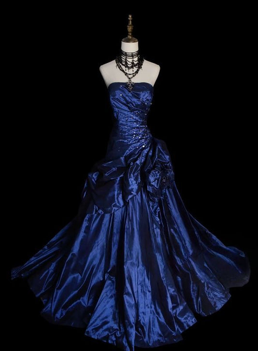 Royal Blue Strapless Pleated Beaded Prom Dresses Sleeveless A-Line Party Ball Gown