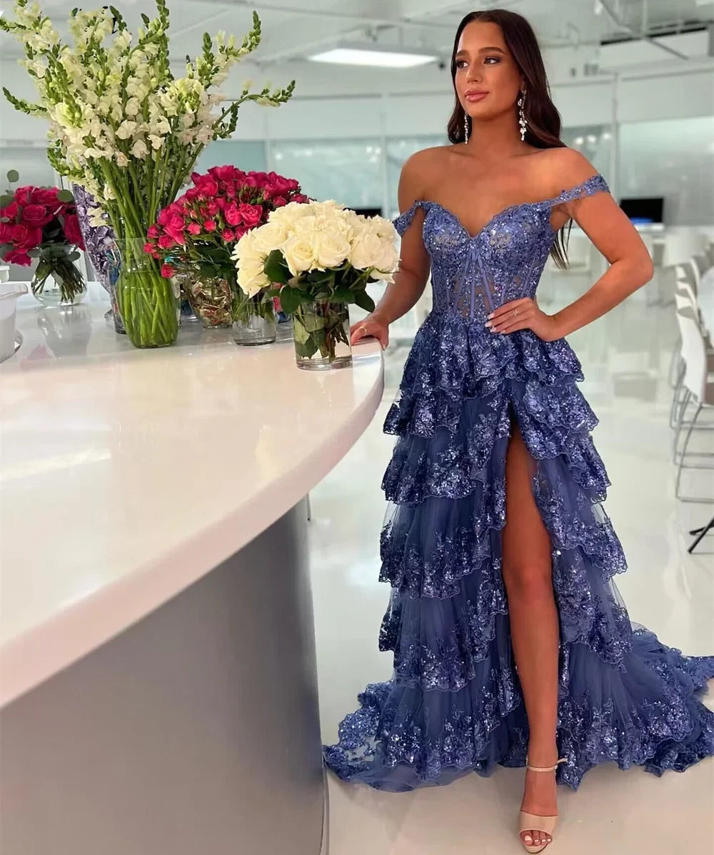 Off The Shoulder Ruffles Sequin Applique Long Evening Prom Dress