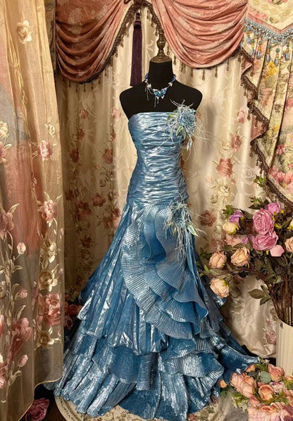 Vintage Mermaid Strapless Blue Satin Prom Dresses Long Evening Gown Formal Party Dress