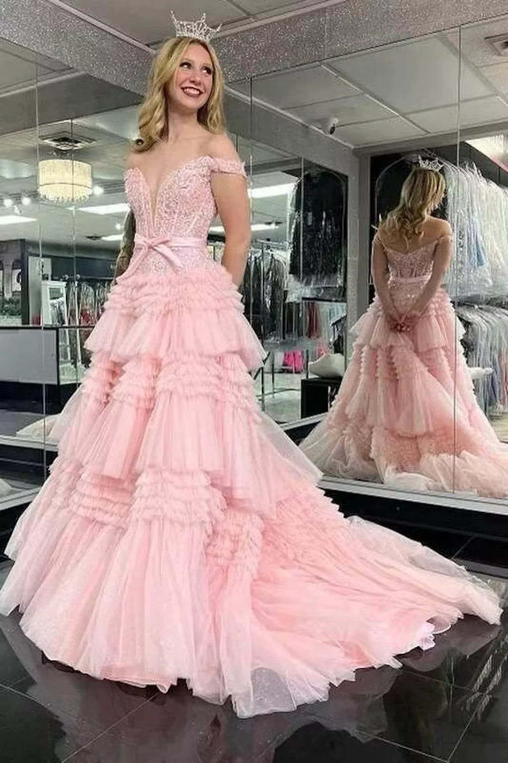 Princess Off The Shoulder Pink Layers Tulle Prom Dress Long Evening Formal Gown