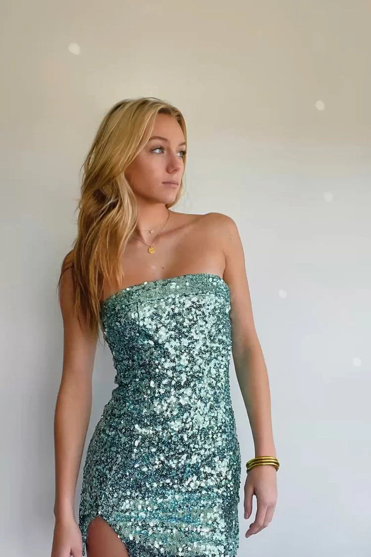 Sage Green Sequin Homecoming Dresses Strapless Mini Party Gown