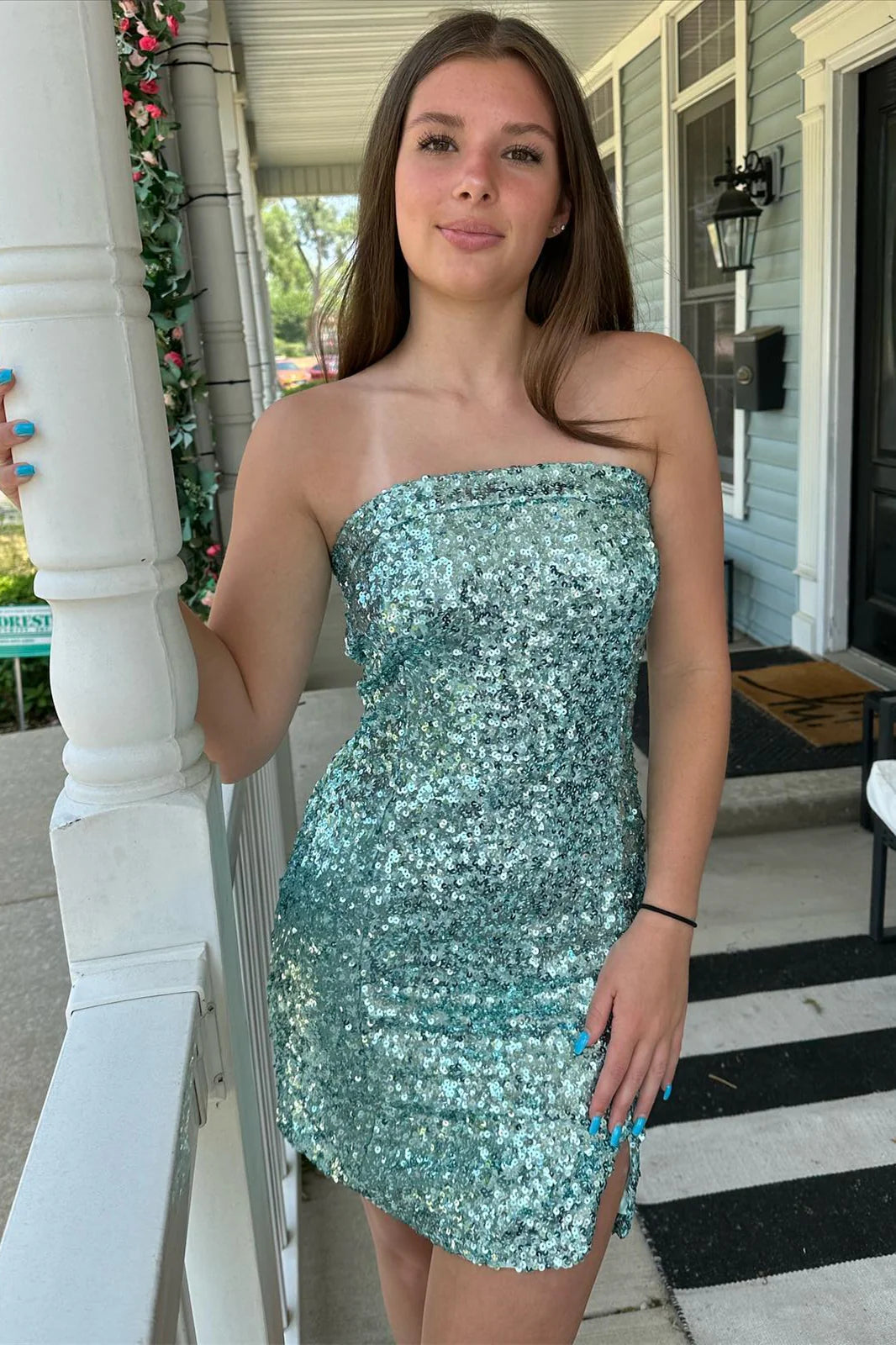 Sage Green Sequin Homecoming Dresses Strapless Mini Party Gown