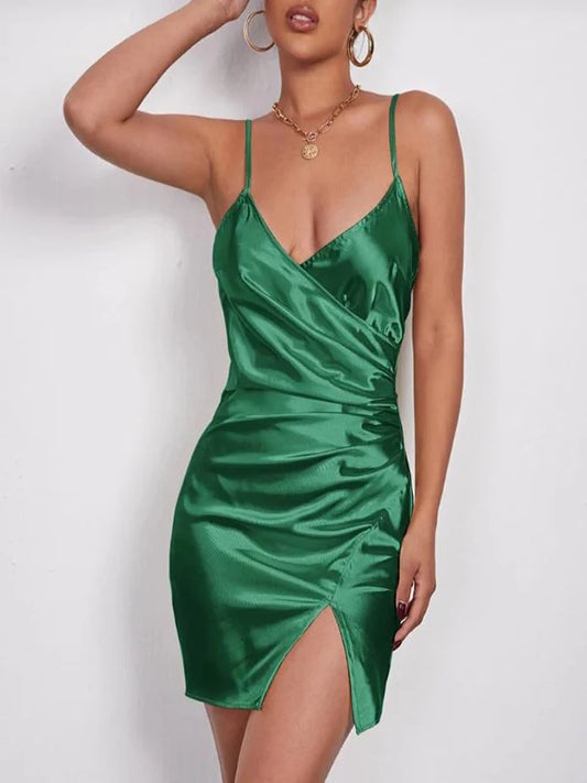 Sexy Dark Green Satin V-Neck Side Slit Short Homecoming Dresses
