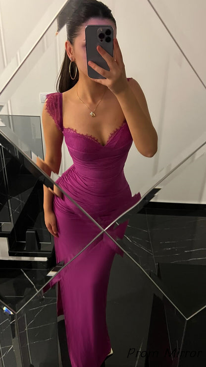 Sexy Fuchsia Lace Satin Mermaid Prom Dresses With Slit