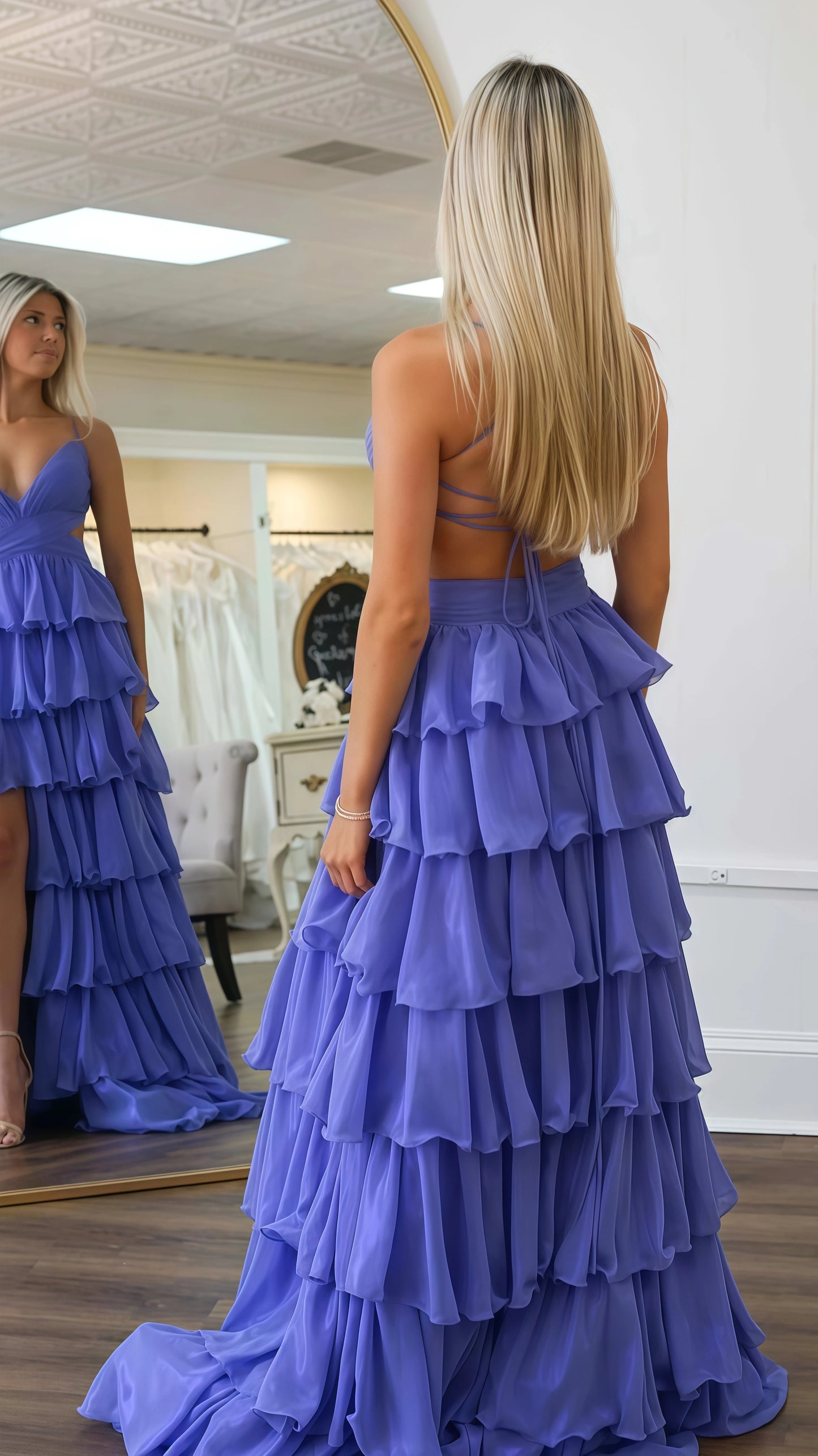 Sexy Light Purple Chiffon Ruffle Prom Dresses With Side Slit