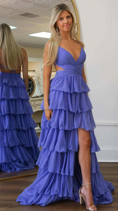 Sexy Light Purple Chiffon Ruffle Prom Dresses With Side Slit