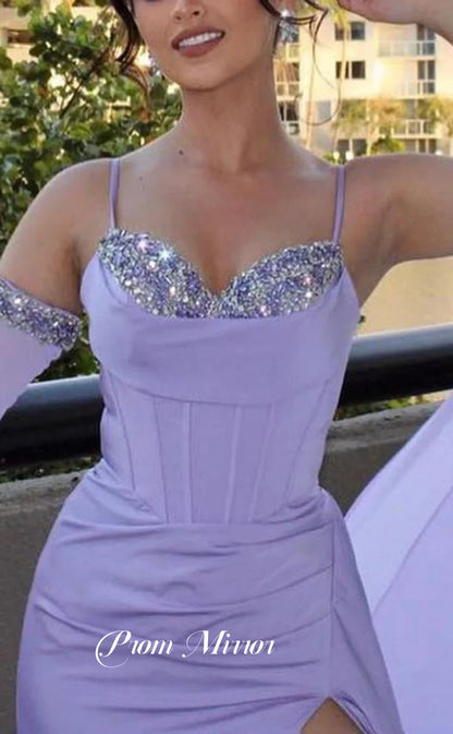 Sexy Lilac Beaded Split Long Prom Dresses