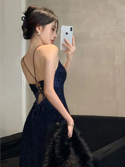 Sexy Navy Blue Sequins Bodycon Long Prom Dresses