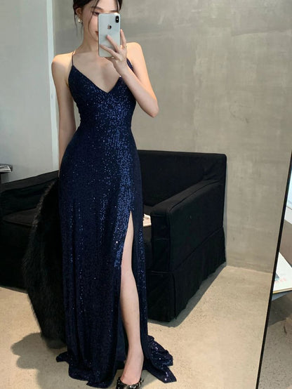 Sexy Navy Blue Sequins Bodycon Long Prom Dresses