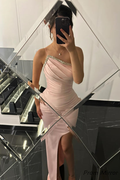Sexy Pink One Straps Beaded Tight Party Dress