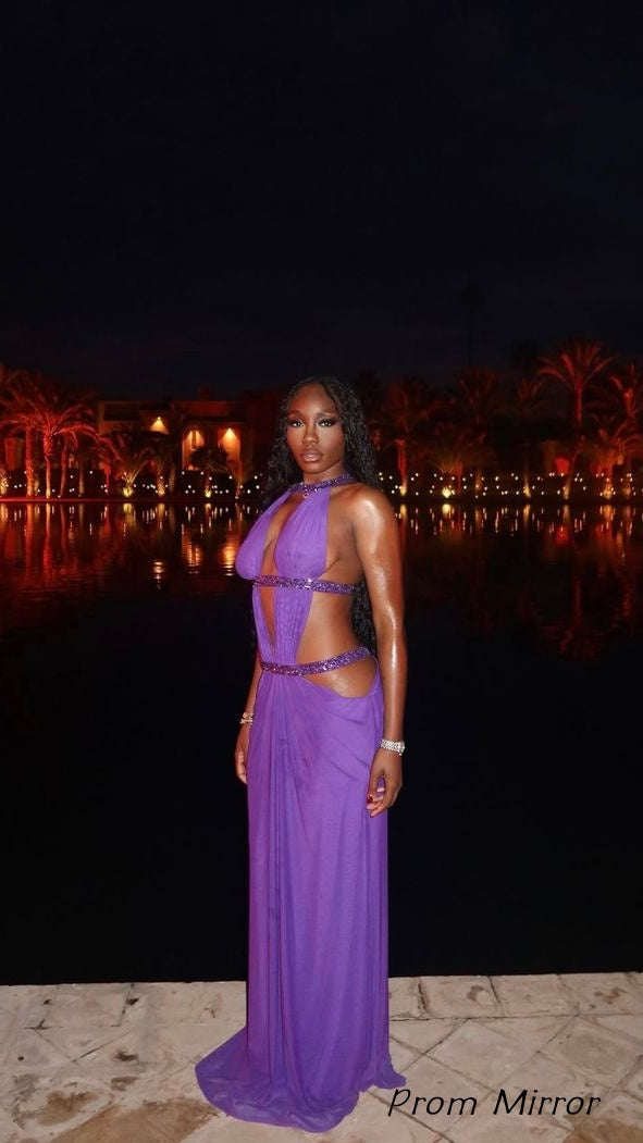 Sexy Purple Mermaid Deep V-Neck Beaded Long Prom Dress