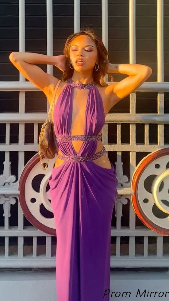 Sexy Purple Mermaid Deep V-Neck Beaded Long Prom Dress