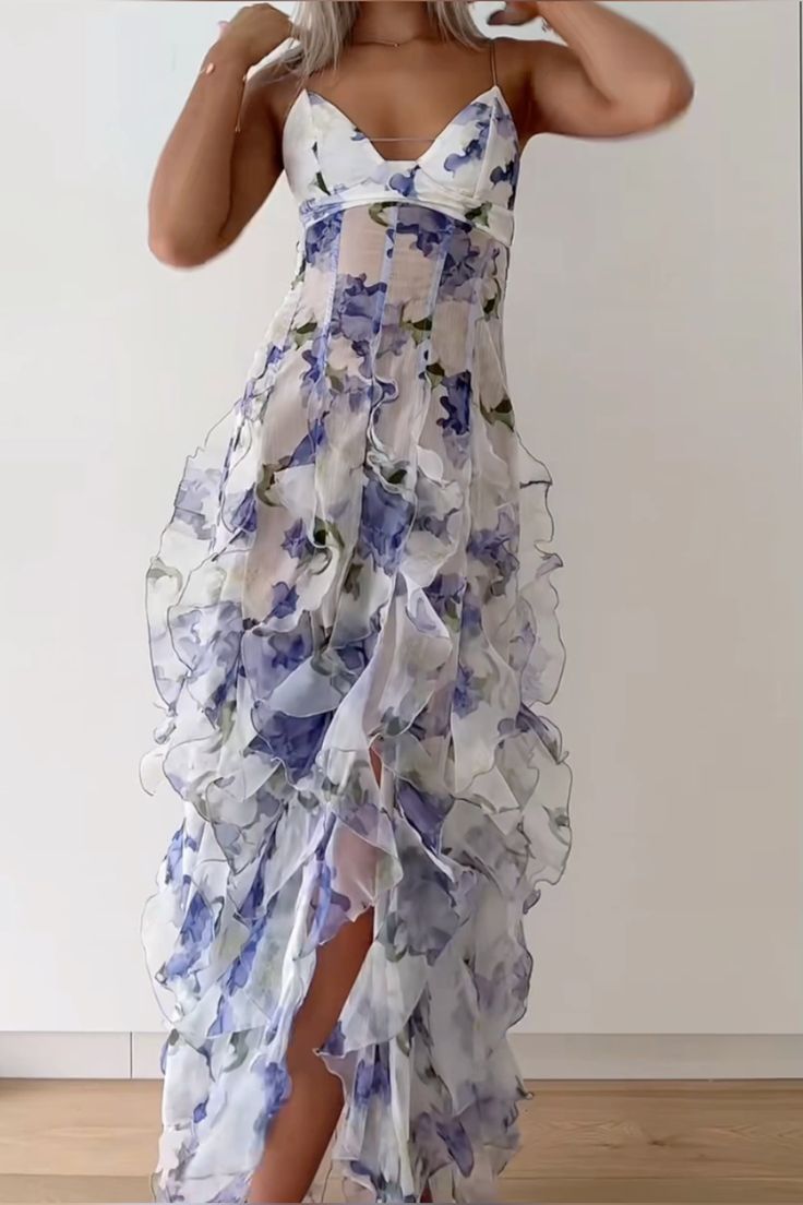 Sexy&Classic Floral Ruffle Prom Dress Long Evening Gown