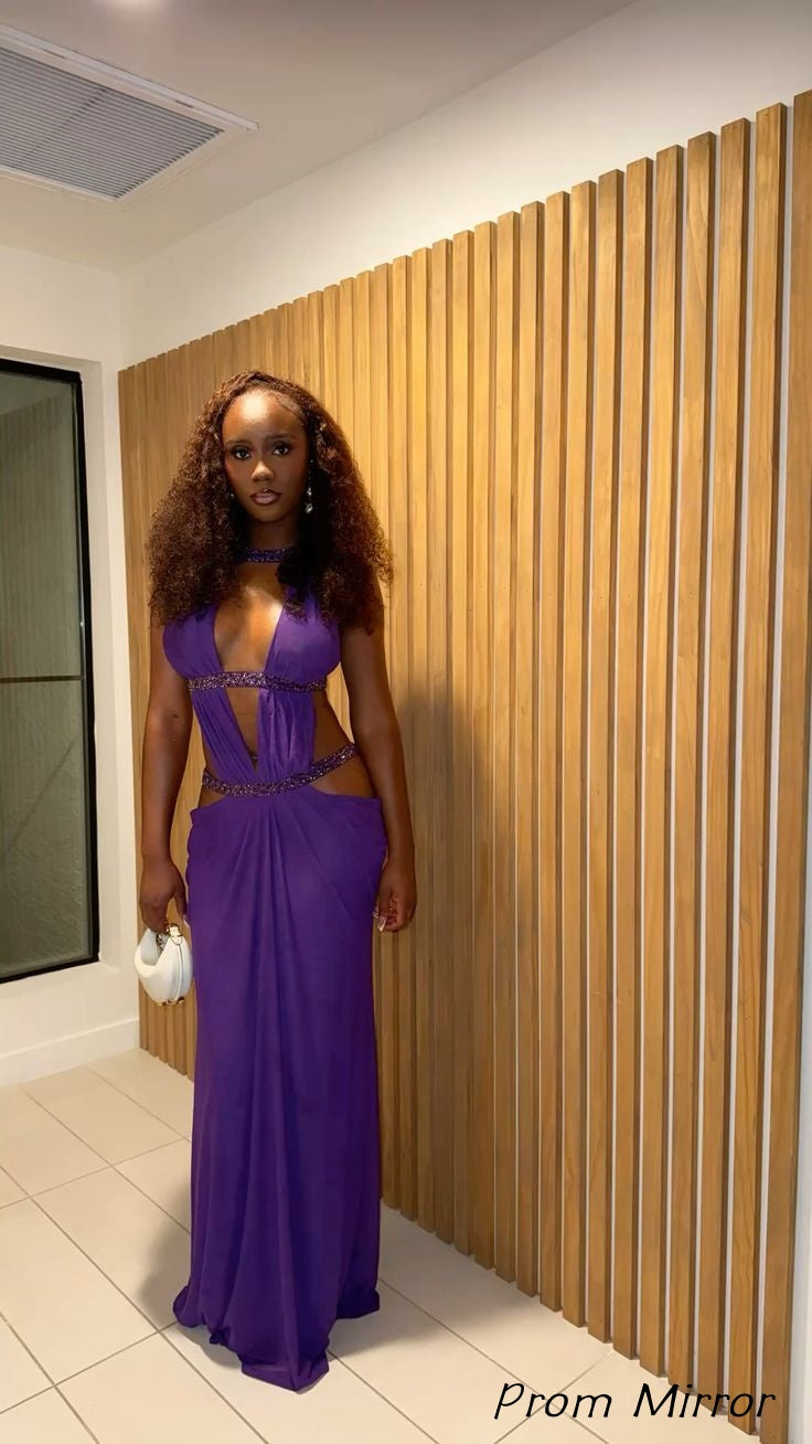 Sexy Purple Mermaid Deep V-Neck Beaded Long Prom Dress