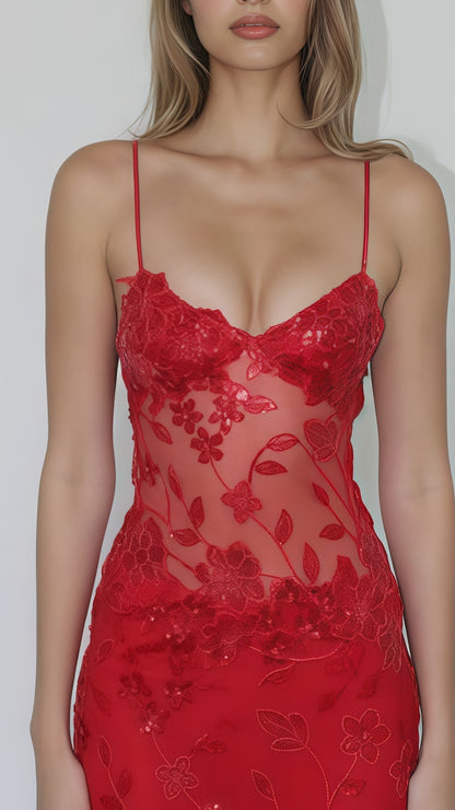 Sexy Red Lace Sequin Long Evening Prom Dress