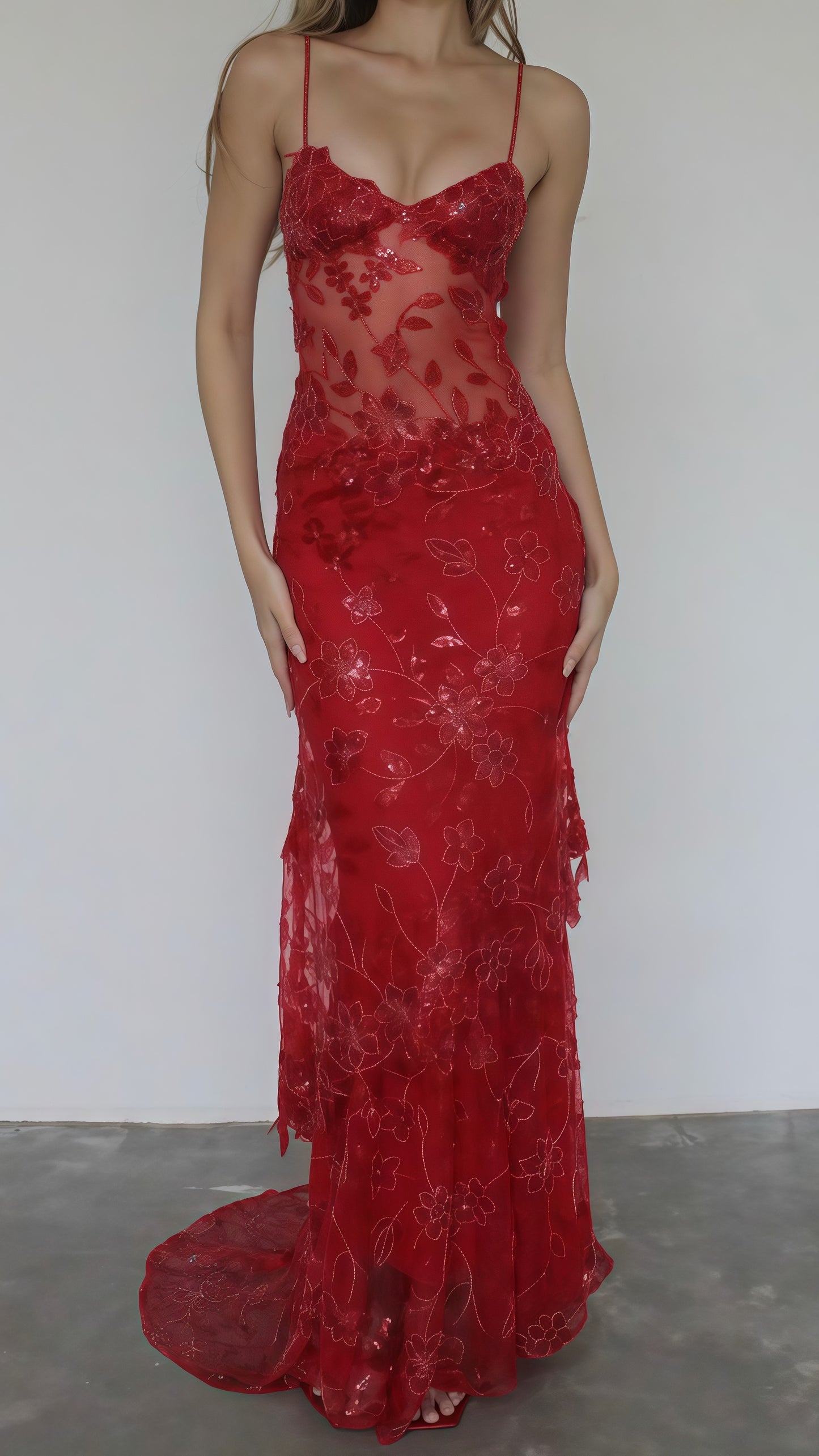Sexy Red Lace Sequin Long Evening Prom Dress