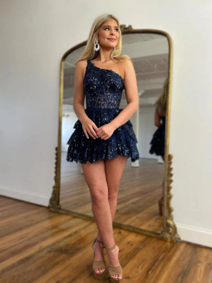 Shiny One Shoulder Navy Blue Homecoming Dress