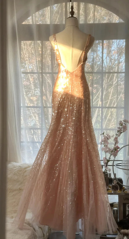 Shiny Princess Pink V-neck Sequined Backless Mermaid Long Prom Dress