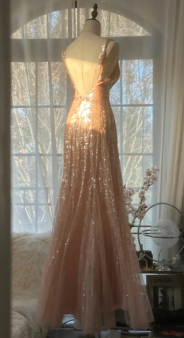Shiny Princess Pink V-neck Sequined Backless Mermaid Long Prom Dress