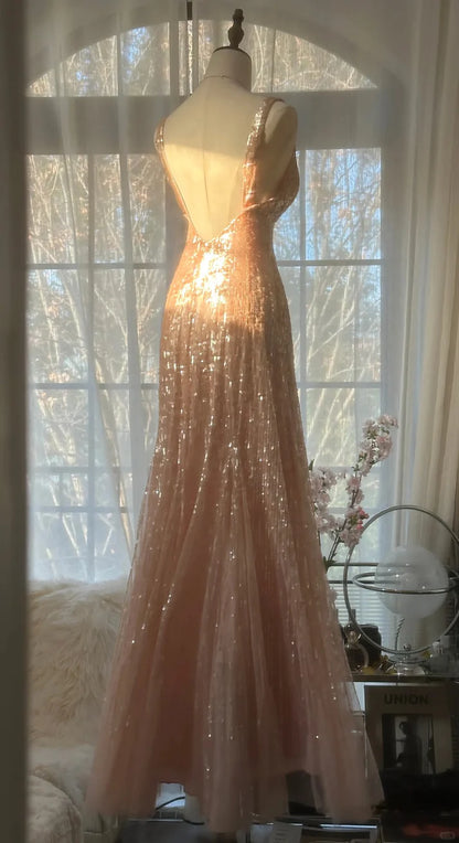 Shiny Princess Pink V-neck Sequined Backless Mermaid Long Prom Dress