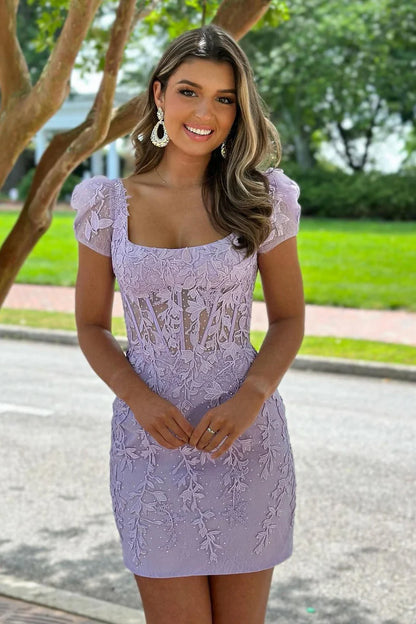 Short Bodycon Purple Lace Homecoming Dress