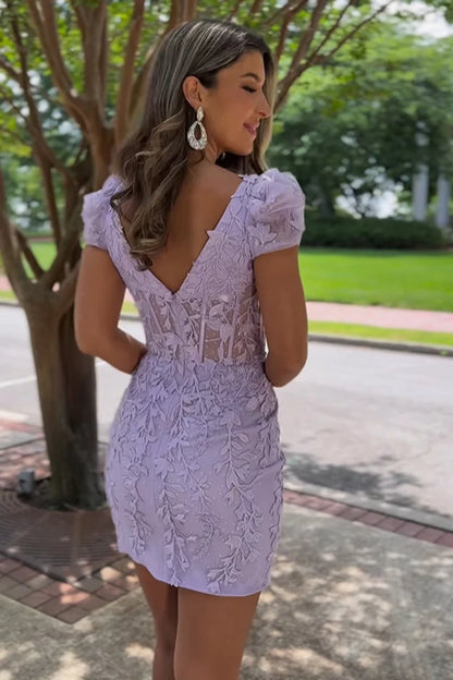 Short Bodycon Purple Lace Homecoming Dress