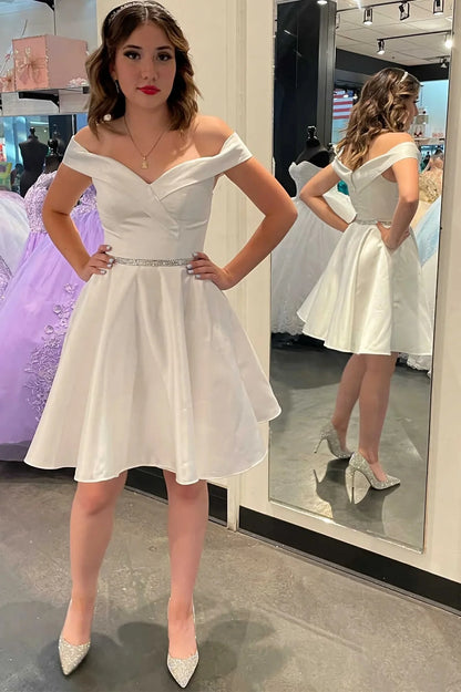 Simple A-Line Off the Shoulder White Satin Short Homecoming Dresses