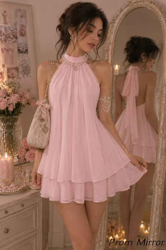 Simple Pink Halter Chiffon Homecoming Dress Sleeveless Birthday Party Dresses