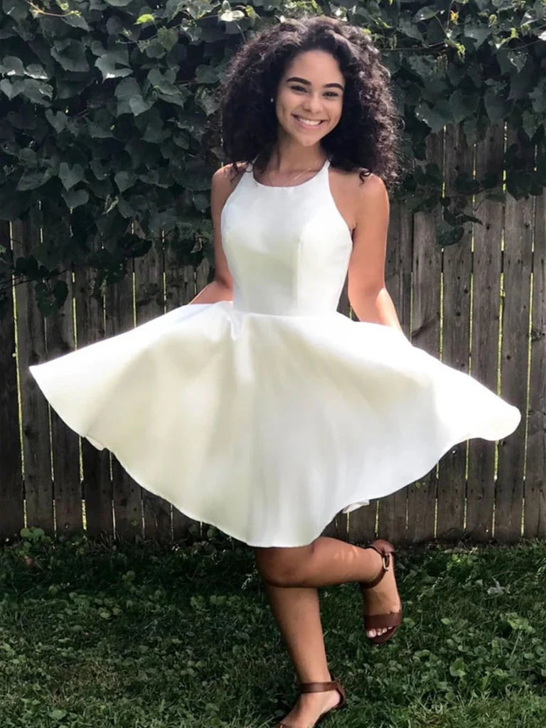 Simple Round Neck White Satin Short Homecoming Dresses