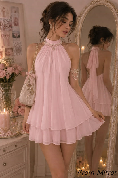 Simple Pink Halter Chiffon Homecoming Dress Sleeveless Birthday Party Dresses