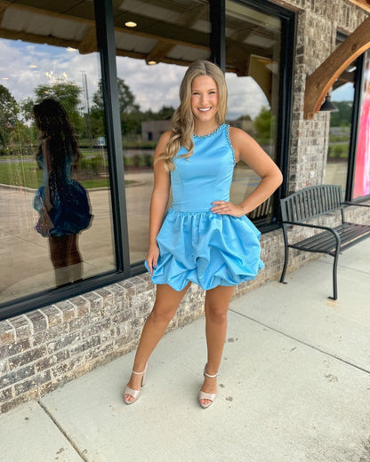 Sky Blue Beaded Homecoming Dresses With Clouds Ruffle Skirt