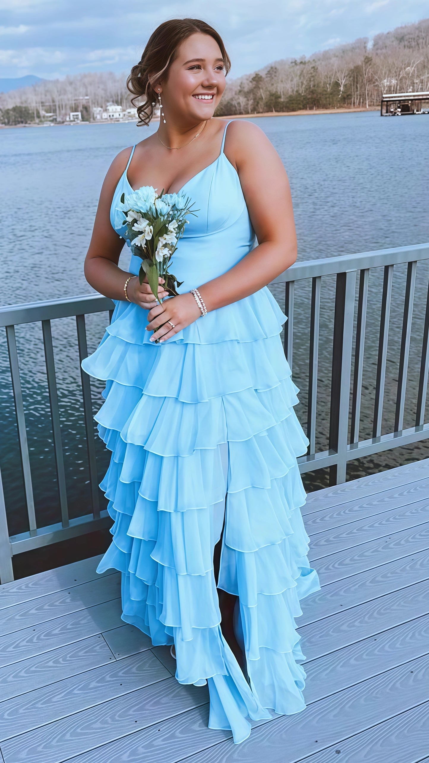 Sky Blue Chiffon Ruffles Prom Dresses, Spaghetti Straps Evening Dresses With Split