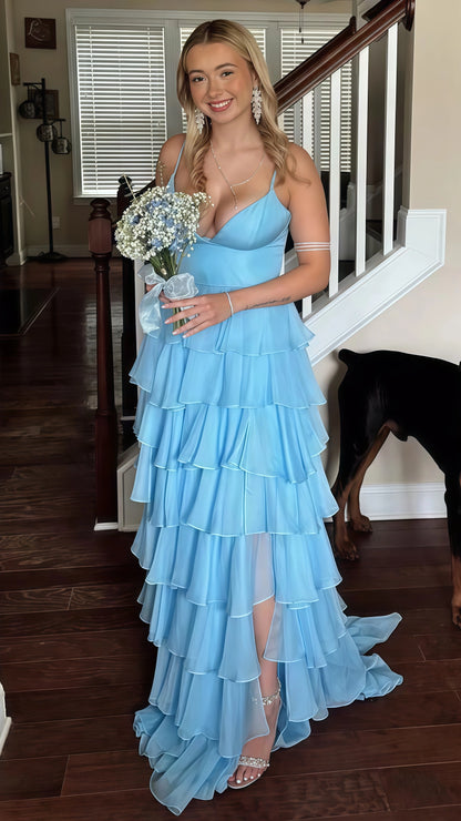 Sky Blue Chiffon Ruffles Prom Dresses, Spaghetti Straps Evening Dresses With Split