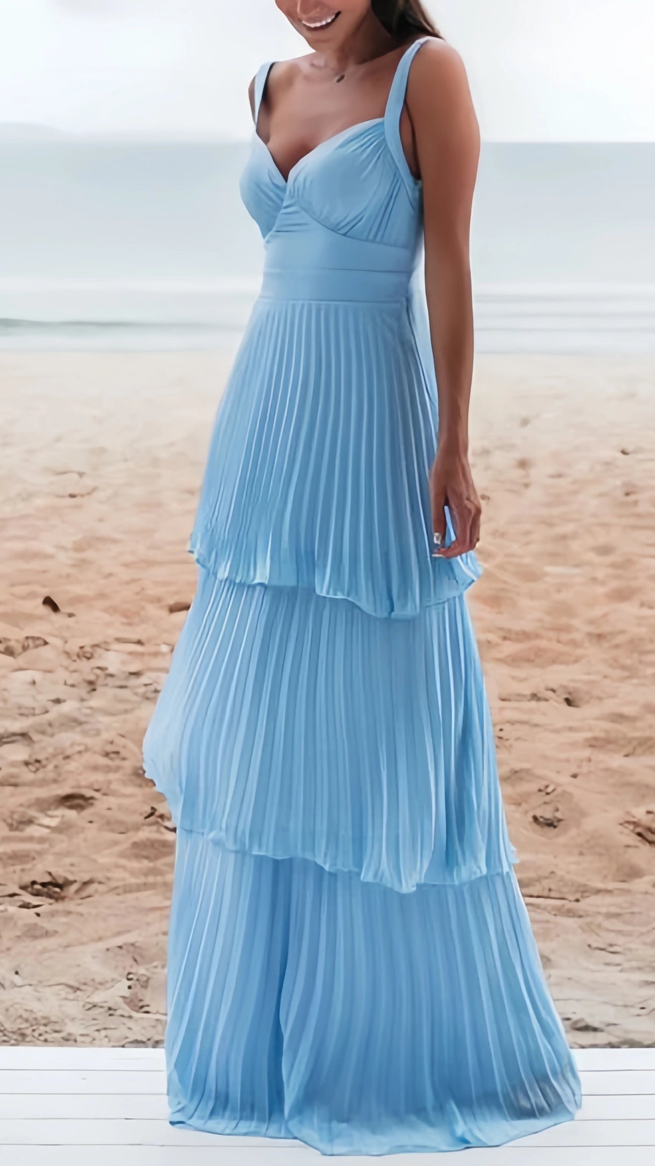 Sky Blue Evening Dress, Pleated Chiffon Prom Dresses, Open Back Formal Dress