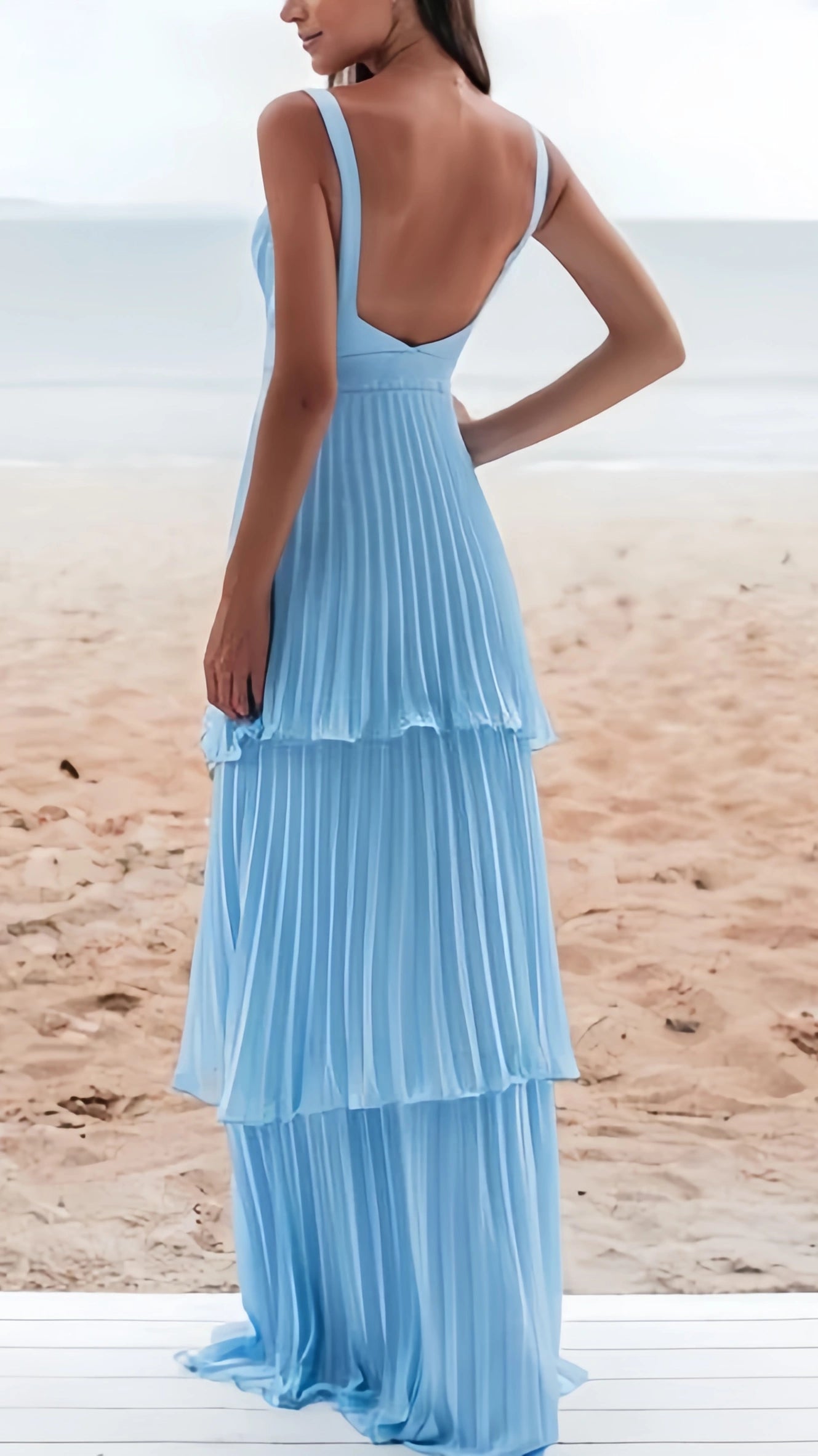 Sky Blue Evening Dress, Pleated Chiffon Prom Dresses, Open Back Formal Dress