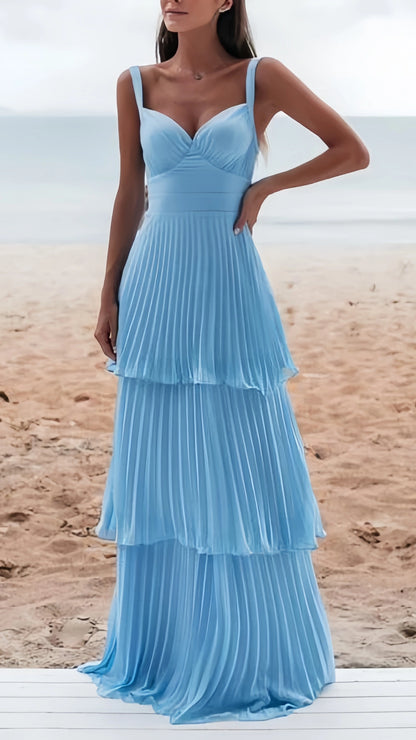 Sky Blue Evening Dress, Pleated Chiffon Prom Dresses, Open Back Formal Dress