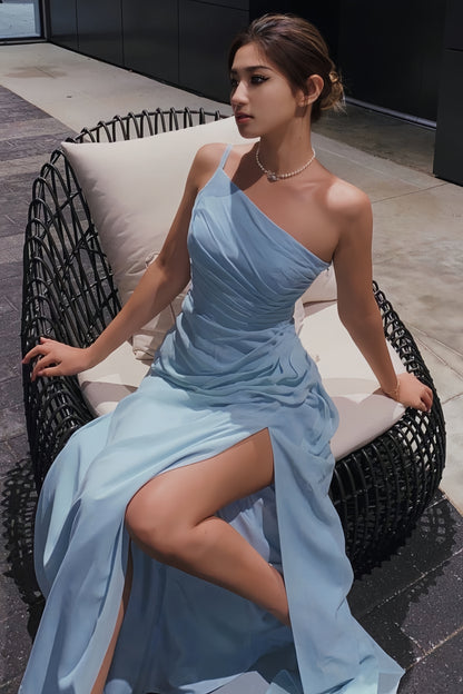 Sky Blue One Shoulder Chiffon Prom Dresses With Side Slit