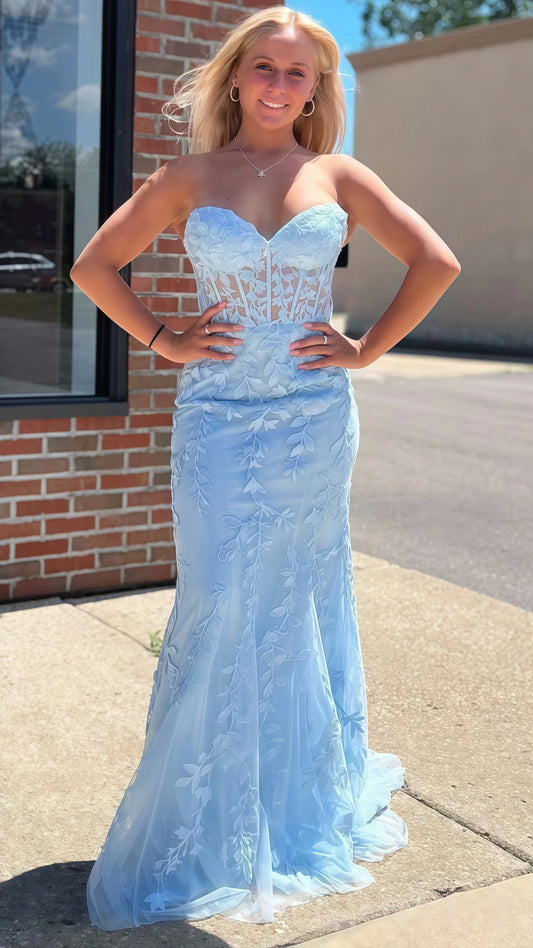 Sky blue beaded prom dress - mermaid silhouette with applique embellishments