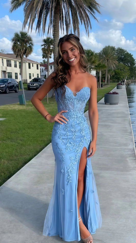 Sky blue mermaid prom dress - sweetheart neckline with beaded appliques and sequin details