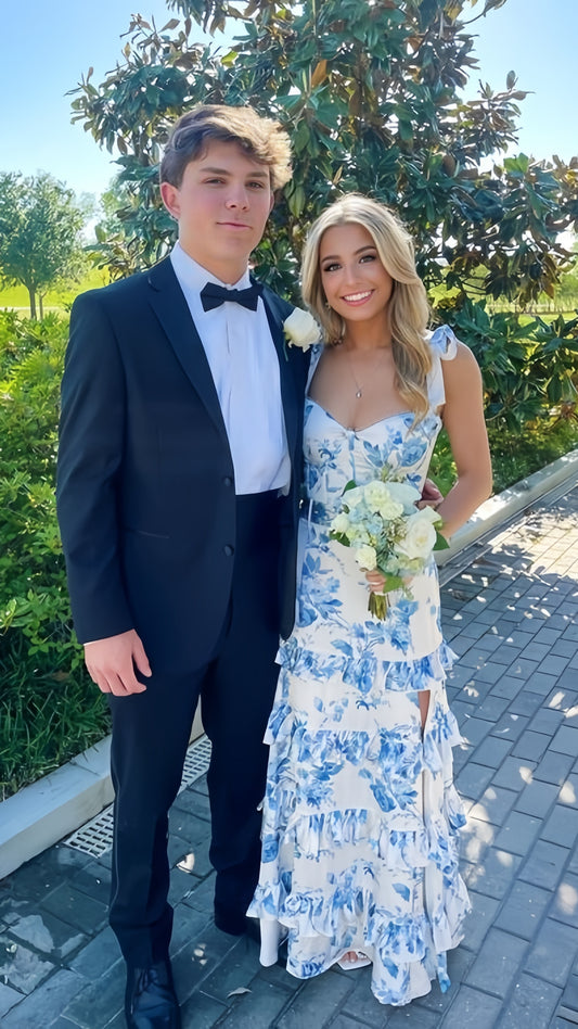 Sleeveless floral evening dress - formal prom gown with high slit detail