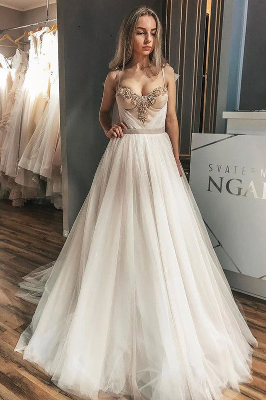 Spaghetti Straps A-Line Wedding Dresses Applique Beaded Wedding Gown