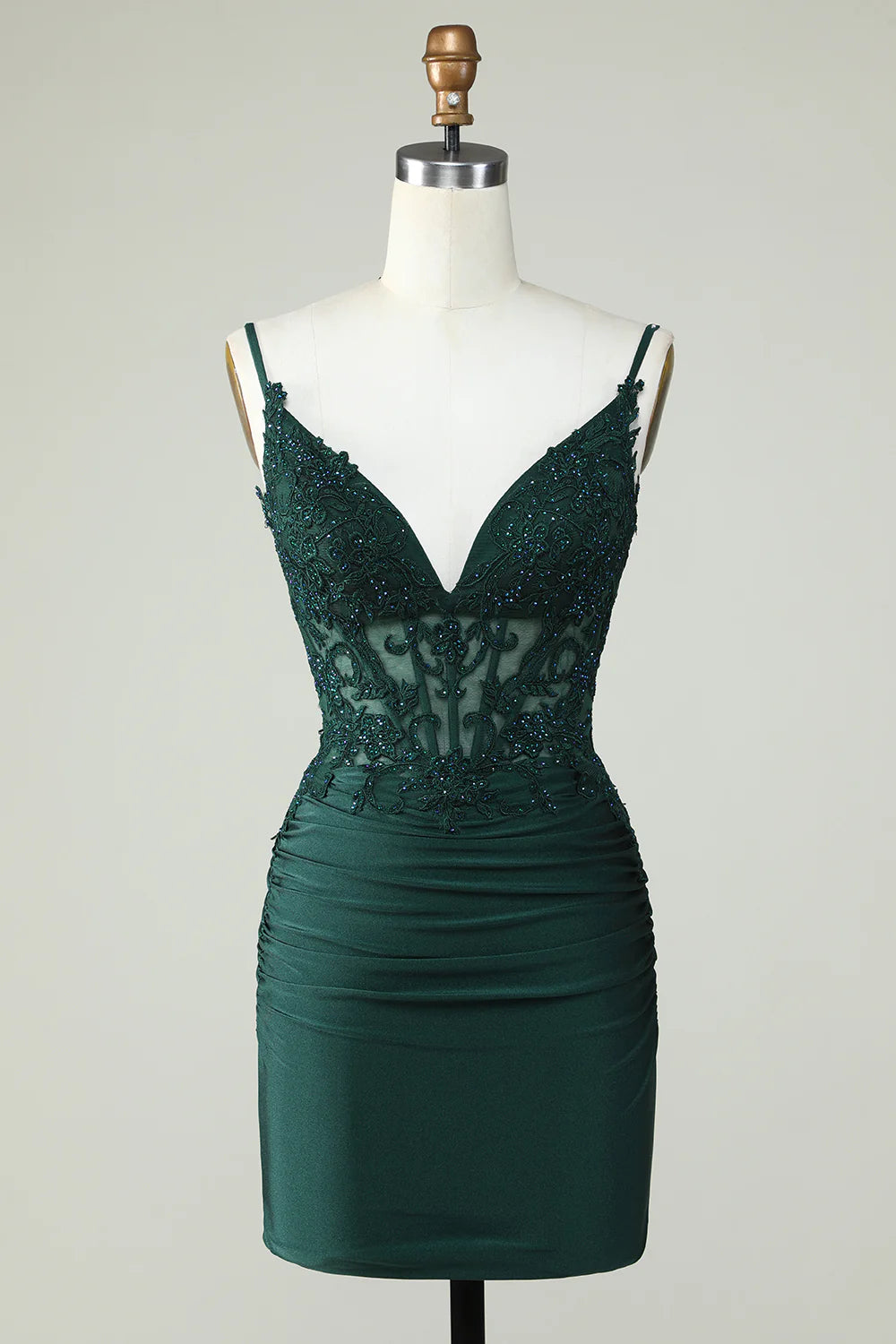 Spaghetti Straps Dark Green Corset Party Dress With Beading Homecoming Dresses