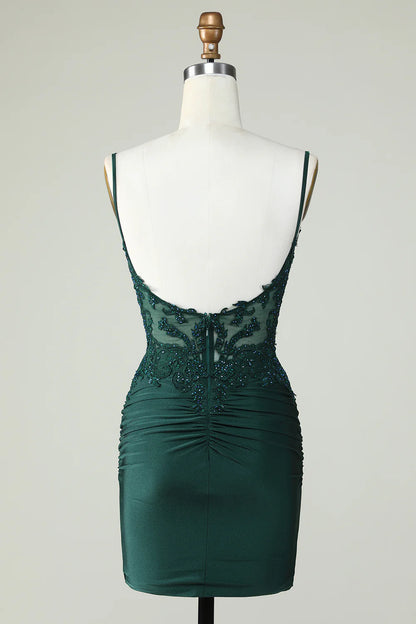 Spaghetti Straps Dark Green Corset Party Dress With Beading Homecoming Dresses