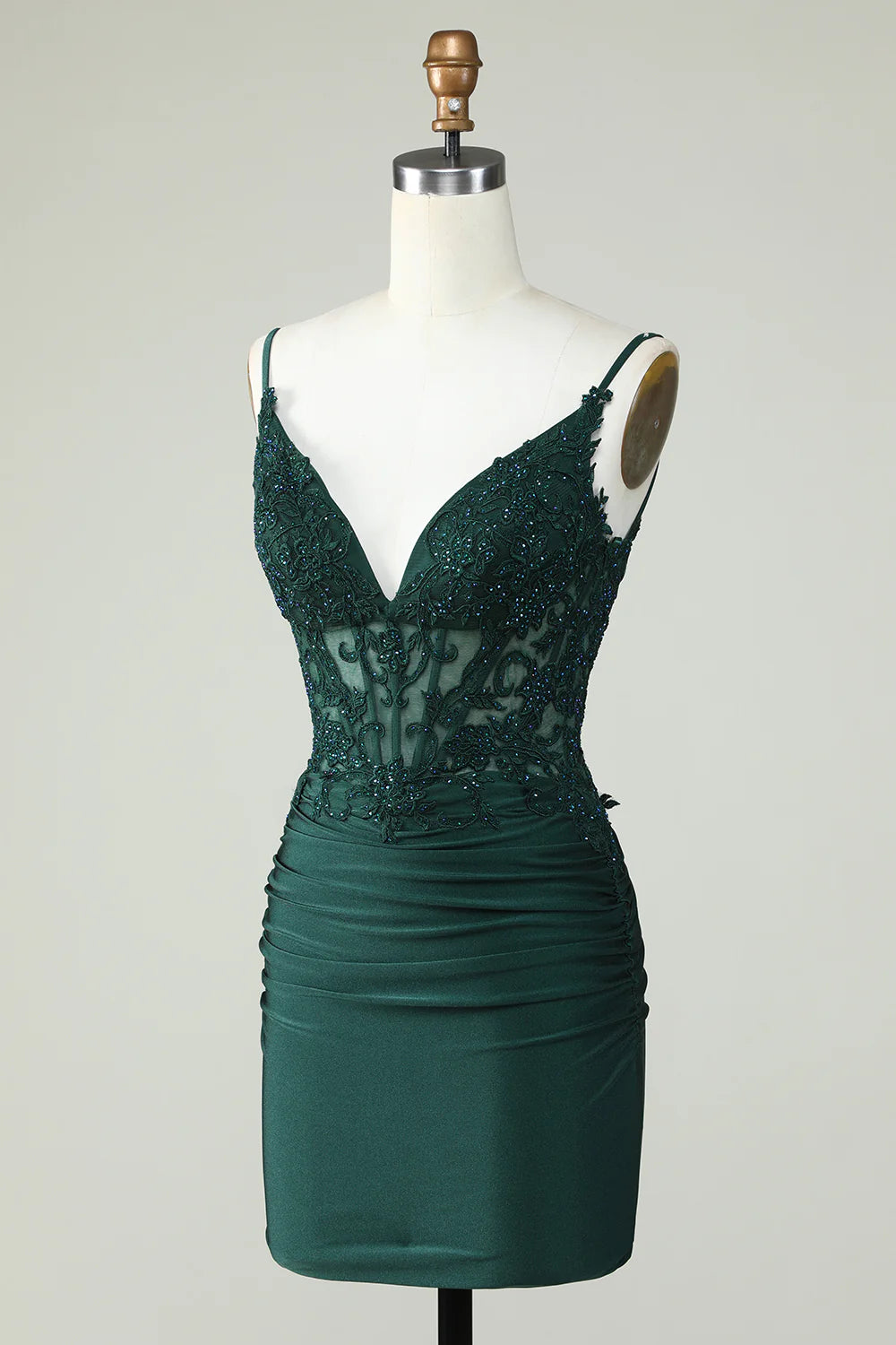 Spaghetti Straps Dark Green Corset Party Dress With Beading Homecoming Dresses