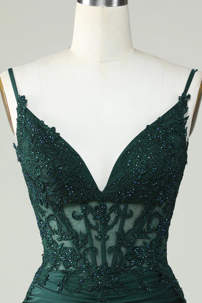 Spaghetti Straps Dark Green Corset Party Dress With Beading Homecoming Dresses