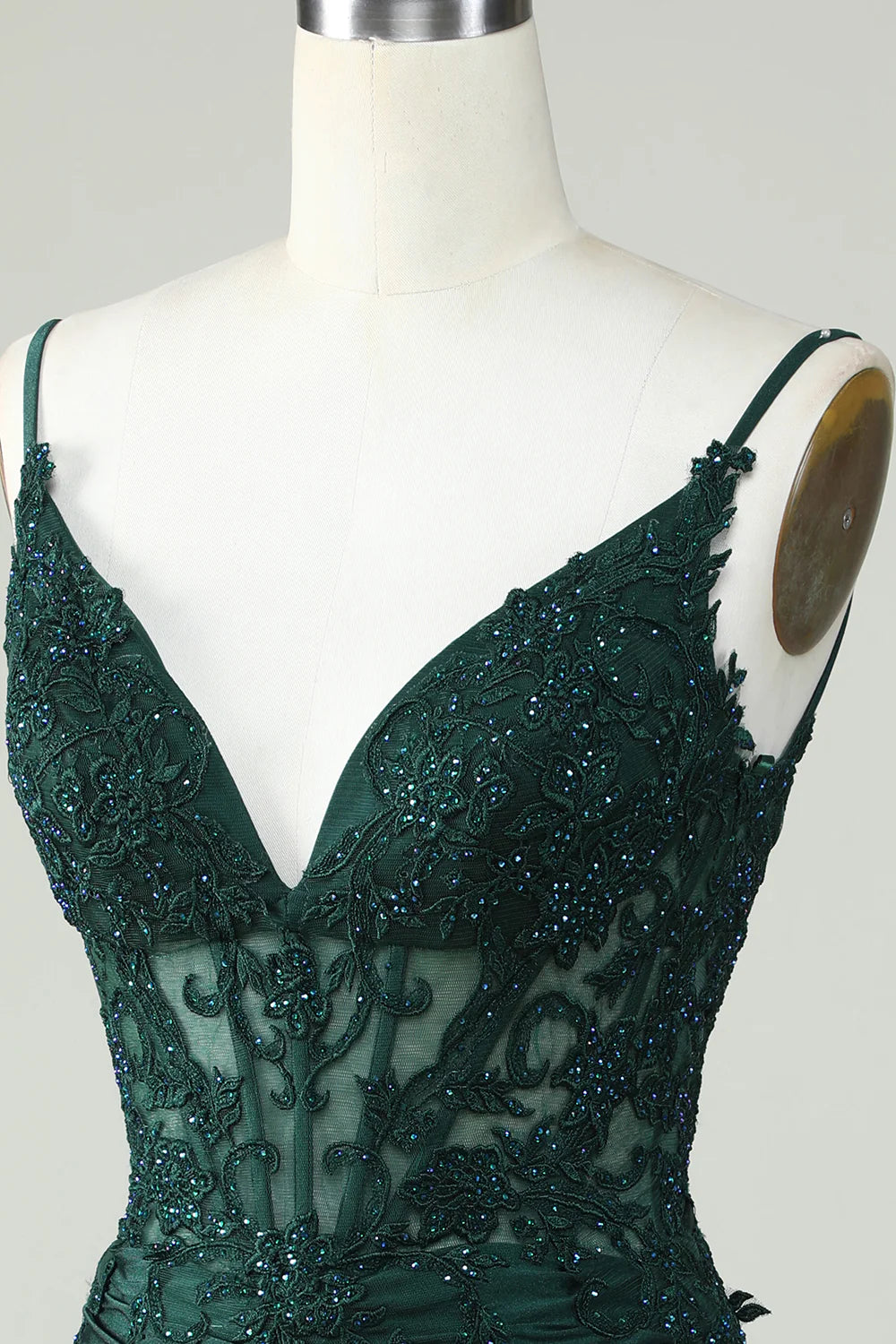 Spaghetti Straps Dark Green Corset Party Dress With Beading Homecoming Dresses