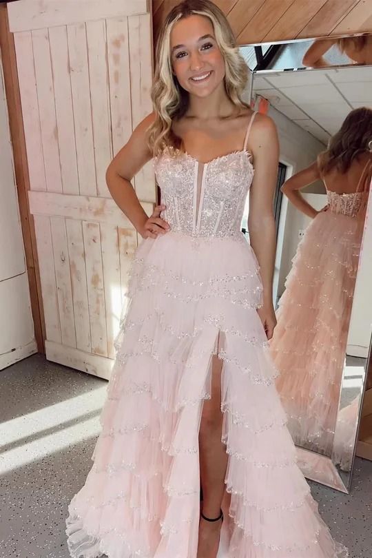 Light Pink Evening Dress,Spaghetti Straps Lace Prom Dresses With Ruffles