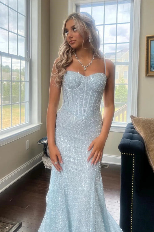 Spaghetti Straps Light Blue Sequin Prom Dresses