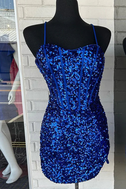 Spaghetti Straps Light Blue Sequined Homecoming Dresses Tight Graduation Dress