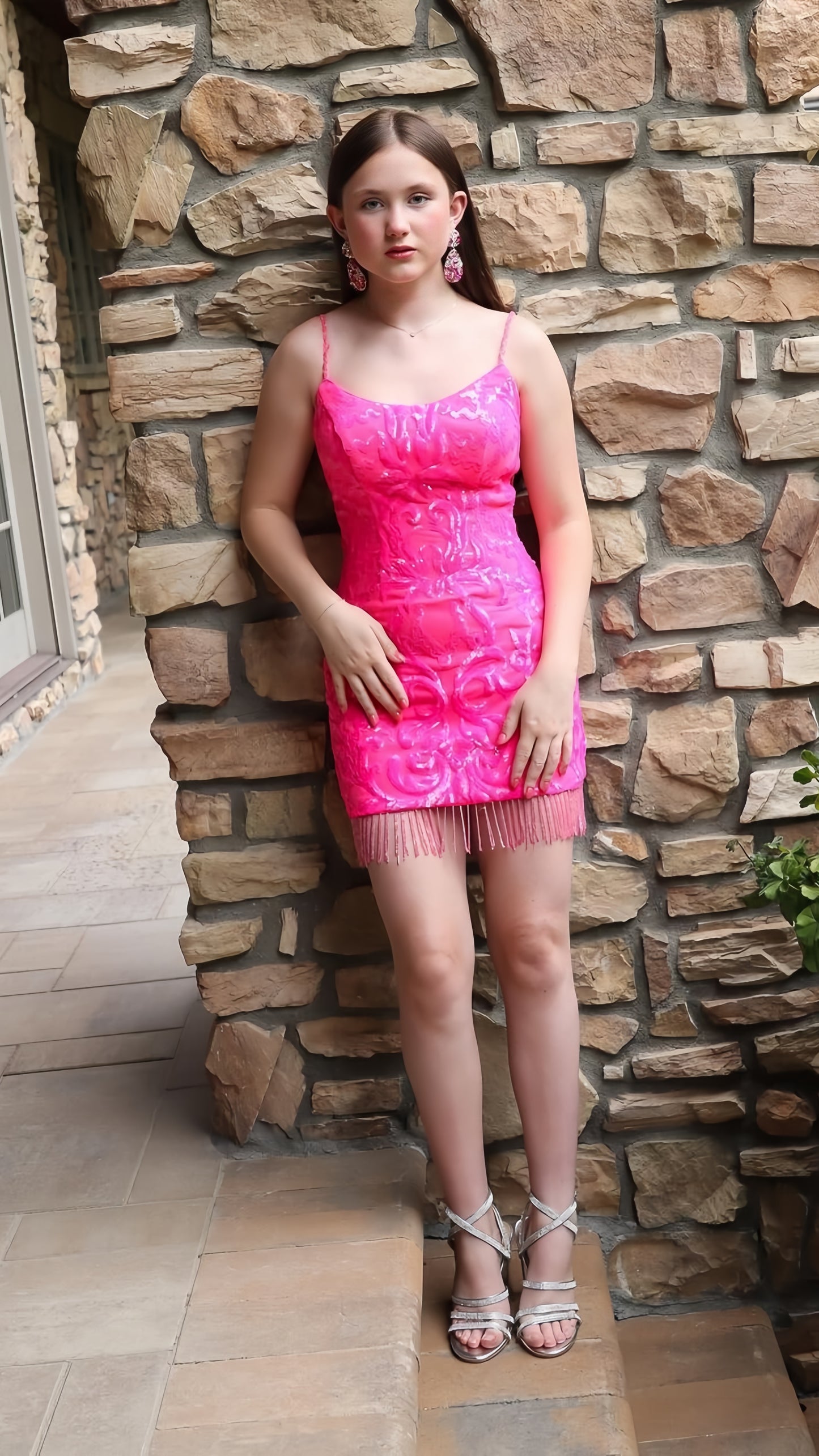 Spaghetti Straps Pink Homecoming Dress With Hem Tassel